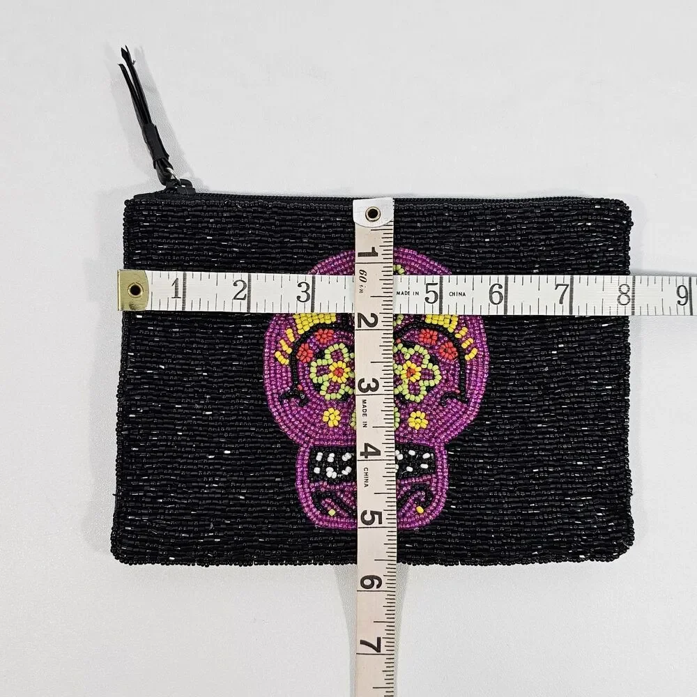 Beaded Sugar Skull Clutch Flat Wristlet Pouch Halloween Black Floral Calavera